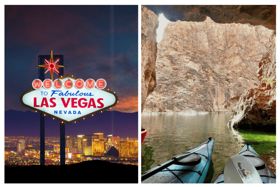 Las Vegas sign at night and kayaking to Emerald Cave near the Las Vegas strip. 