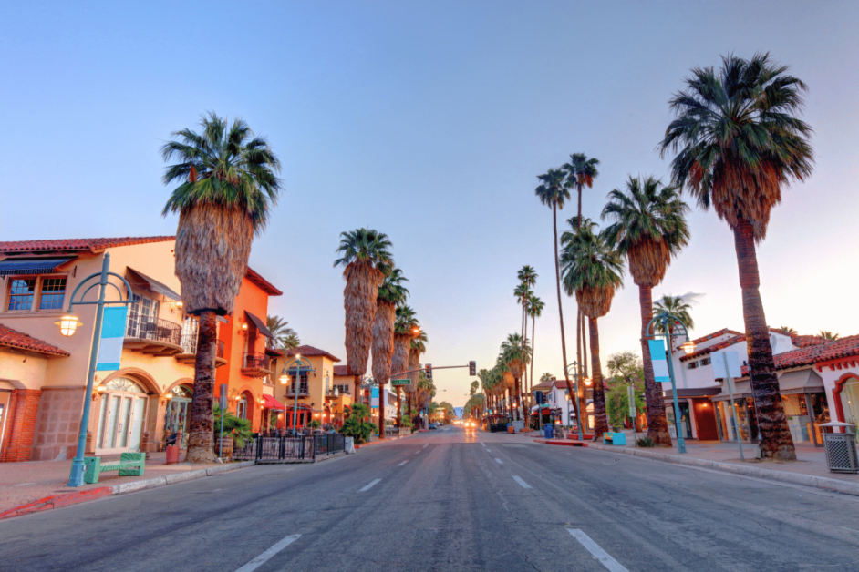 Road in Palm Springs at sunrise. 