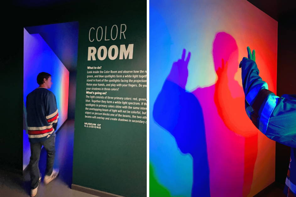 Two photos of the Color Room at the Museum of Illusions Denver