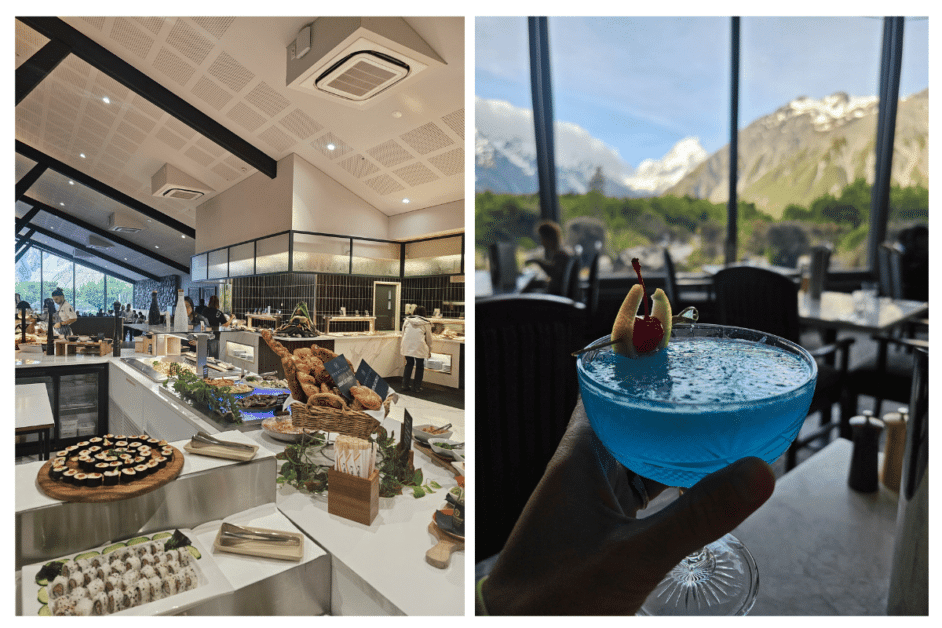 Hermitage Hotel restaurant at mount cook national park during south island road trip. 