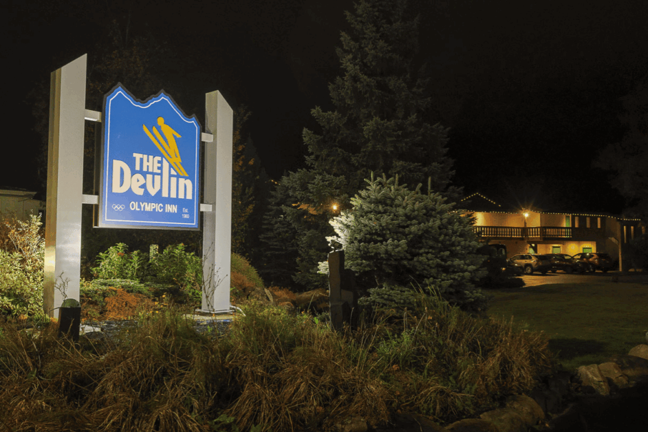 The Devlin Inn hotel sign. Where to stay in Lake Placid. 
