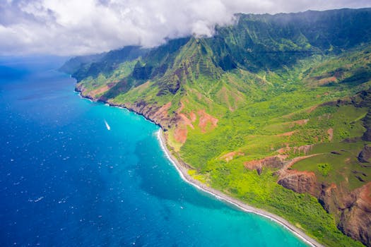 A captivating view of Hawaii's Na Pali Coast with vibrant blue ocean and lush mountains.
