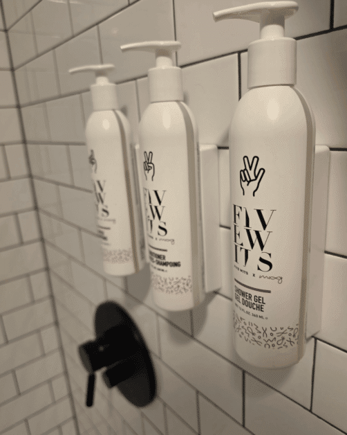 Moxy hotel bathroom shampoo and conditioner